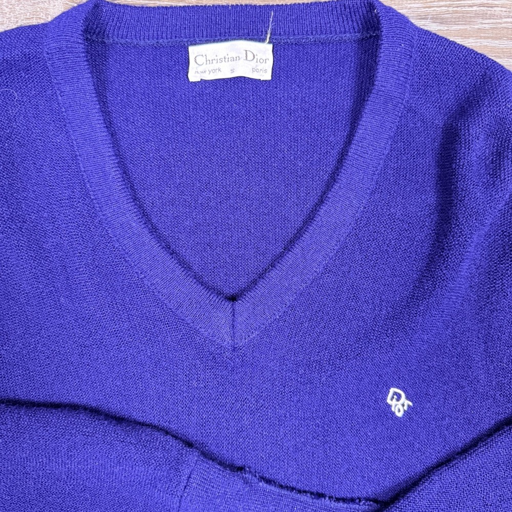 Vintage Christian Dior Sweater Mens S Navy Orlon Acrylic V Neck USA Made 80s